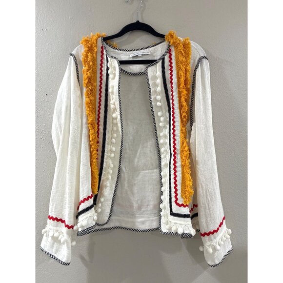 English factory Bohemian festival Tassel Pom Pom Trim Open Front Jacket sz Large - Picture 2 of 8